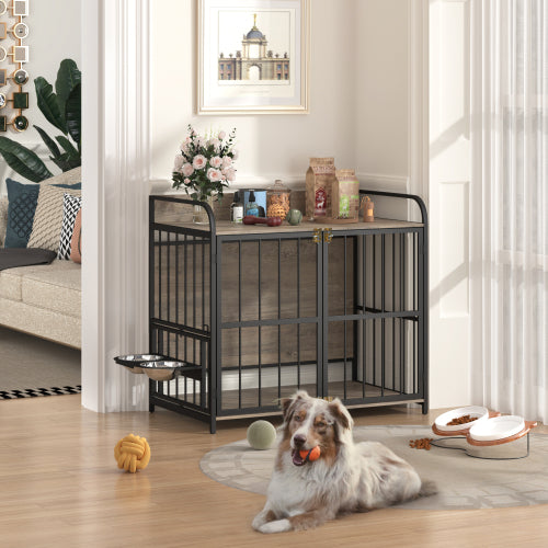 Gray Metal Dog Crate End Table - 39" Indoor Dog Kennel with Double Doors & Feeder