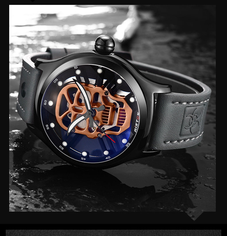 Men's Skeleton Skull Quartz Watch with Genuine Leather Band
