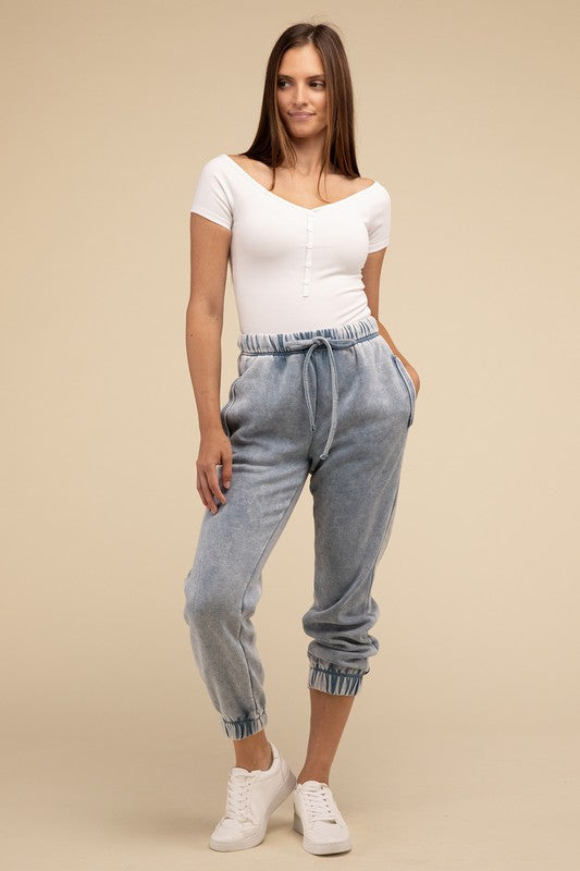 Acid Wash Fleece Sweatpants with Pockets - Comfy & Stylish - Minihomy
