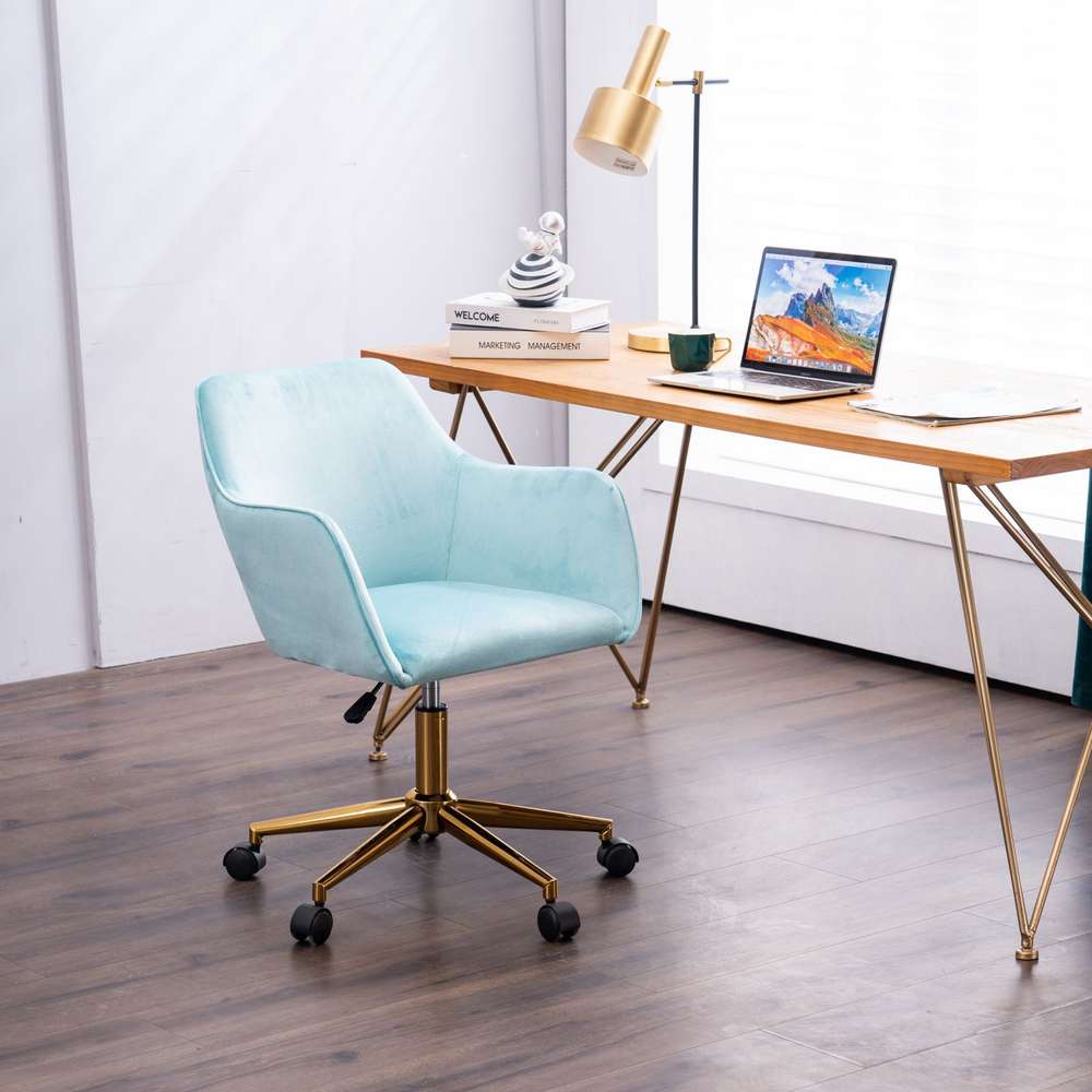 Aqua Blue Velvet Office Chair - Adjustable Height, 360° Swivel, Gold Legs