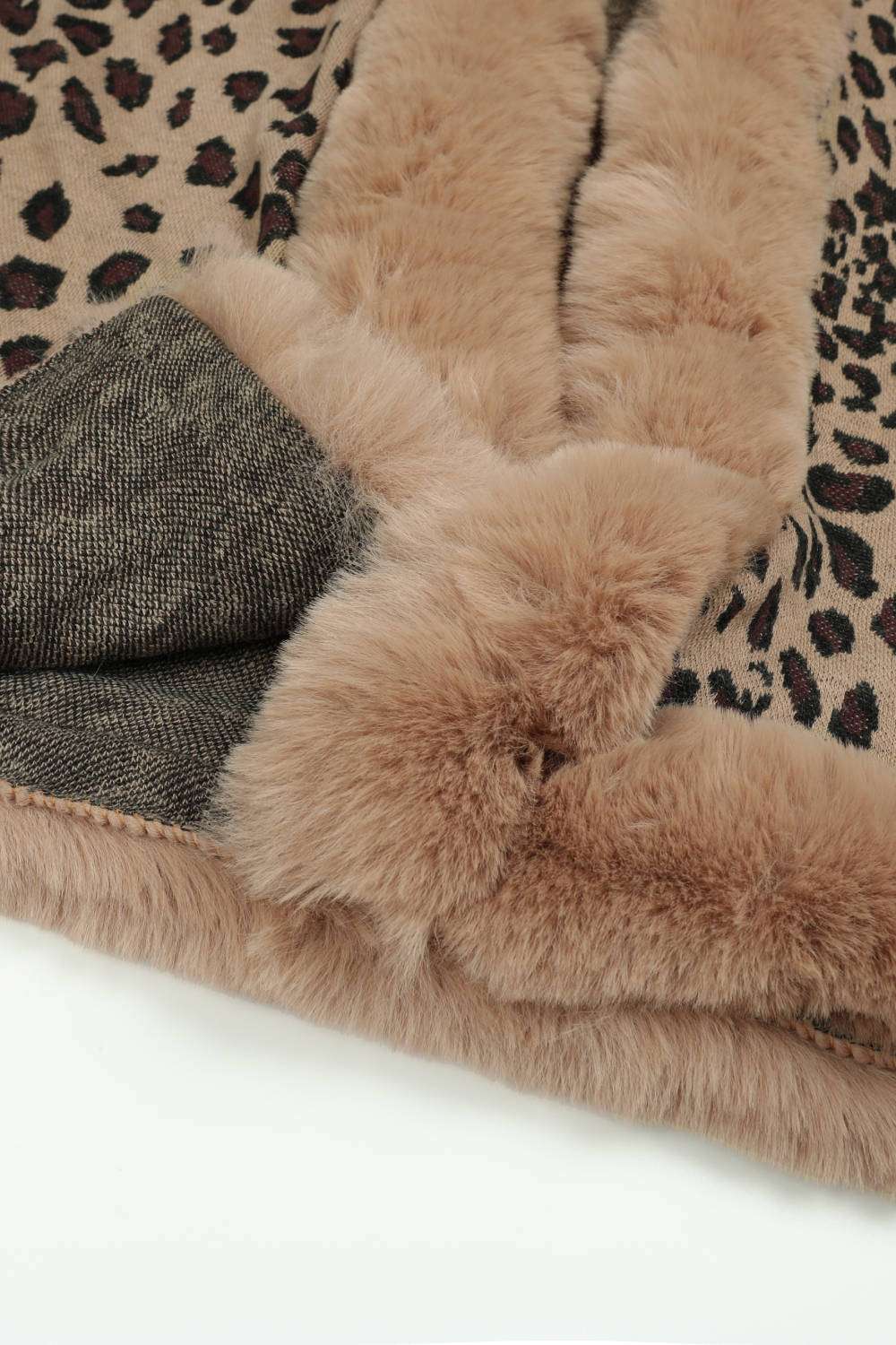 Animal Print Faux Fur Trim Poncho Jacket - Minihomy