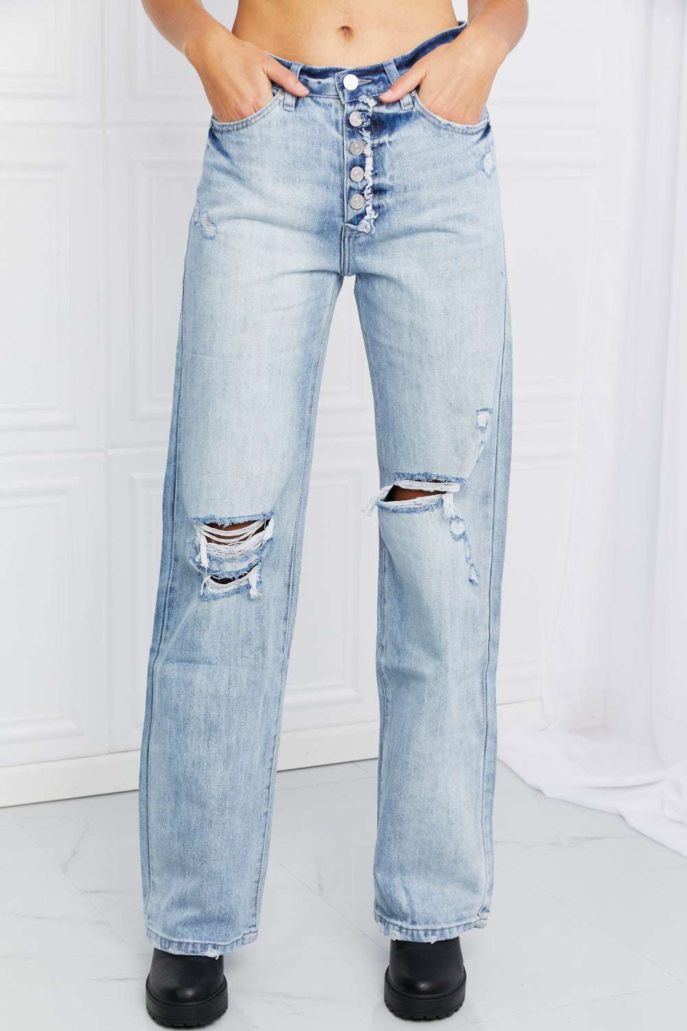 Kancan Button Fly Distressed Raw Hem Straight leg Jeans - Minihomy