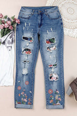 Floral Graphic Patchwork Distressed Jeans - Minihomy