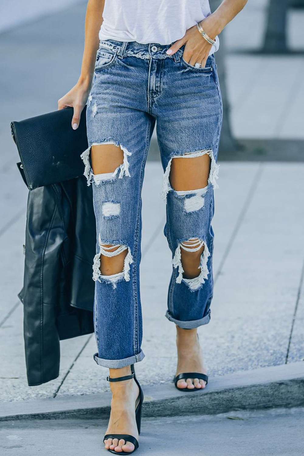 Distressed Frayed Trim Straight Leg Jeans - Minihomy