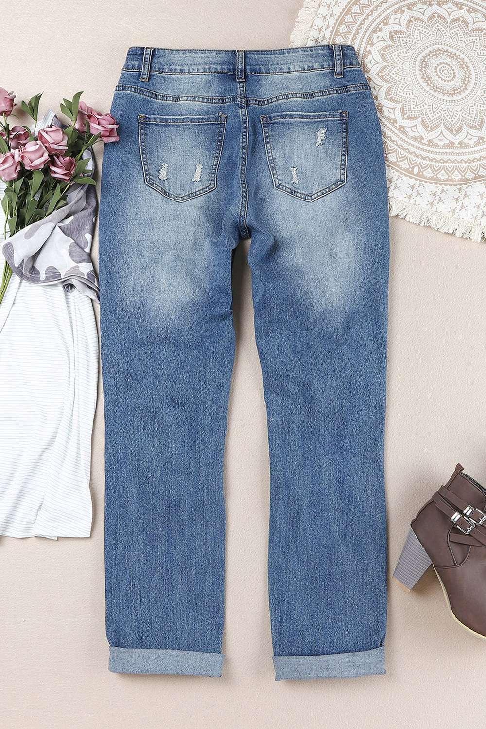 Floral Graphic Patchwork Distressed Jeans with Pockets - Minihomy
