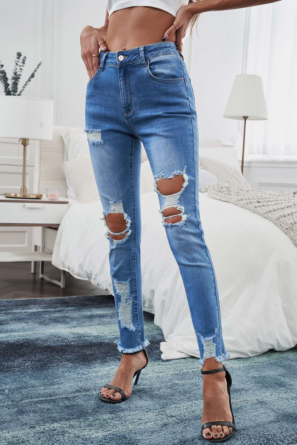 High-Rise Waist Distressed Skinny Jeans - Minihomy