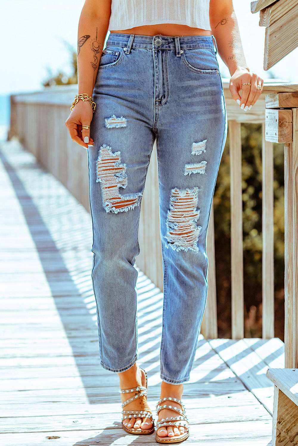 Distressed Ankle-Length Straight Leg Jeans - Minihomy