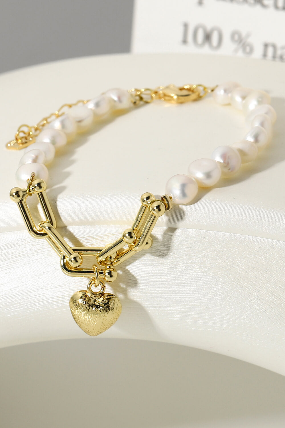 14K Gold Plated Heart Charm Pearl Bracelet - Minihomy