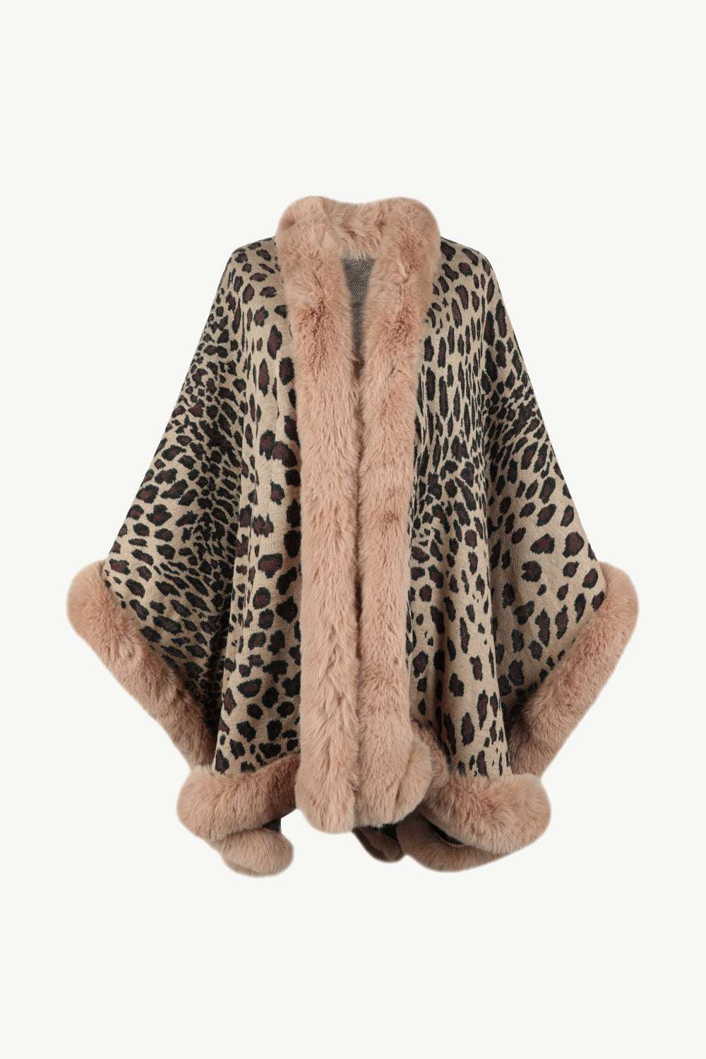 Animal Print Faux Fur Trim Poncho Jacket - Minihomy