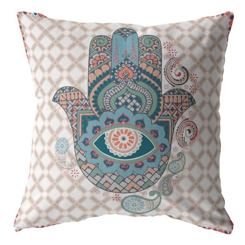 16" Blue Gray Hamsa Boho Suede Throw Pillow - Minihomy
