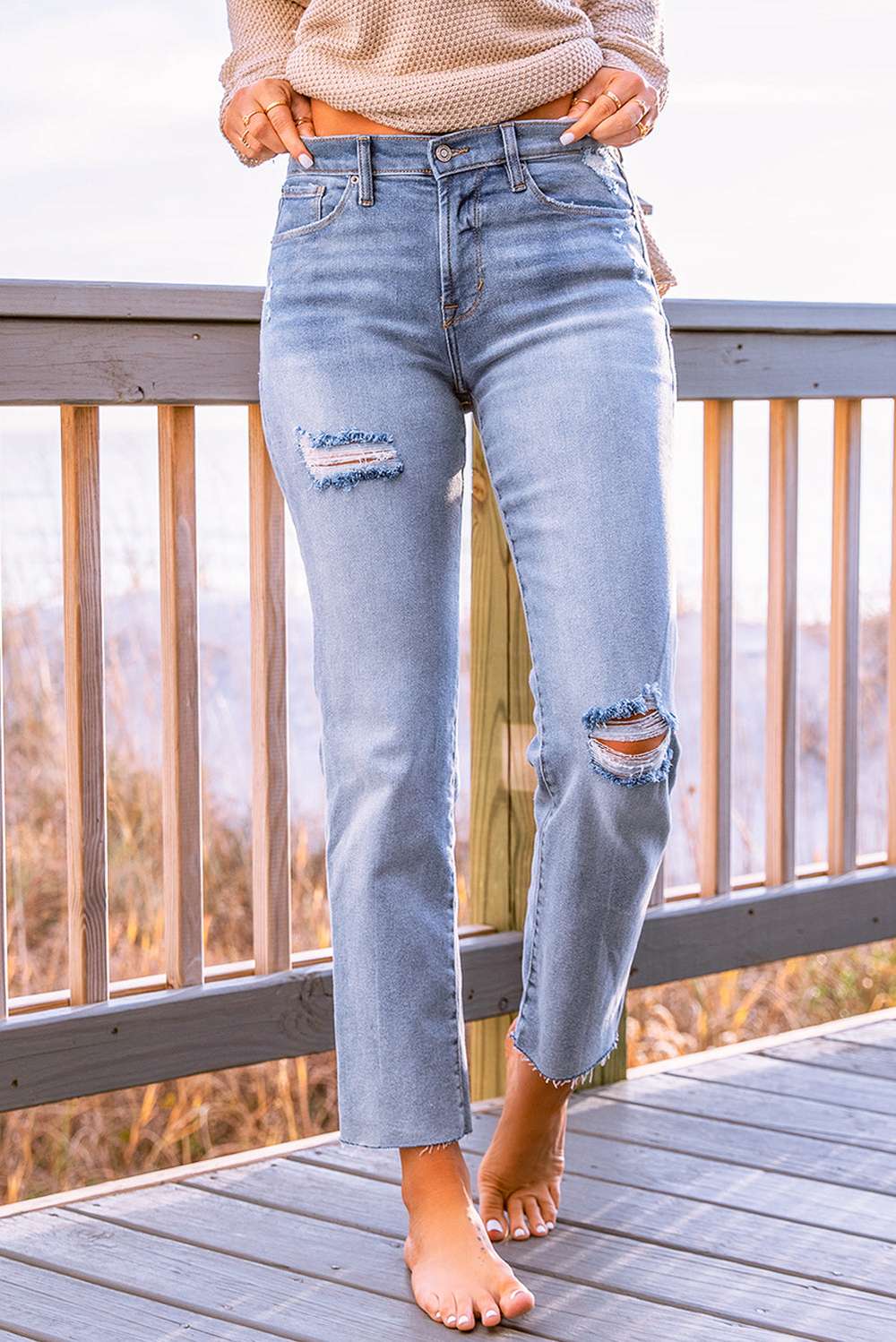 Distressed Raw Hem Straight Jeans - Minihomy