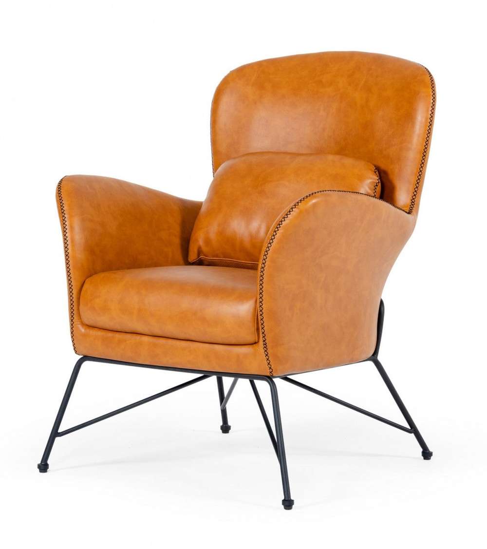 35" Carmel Brown Faux Leather Shelter Style Accent Chair - Minihomy