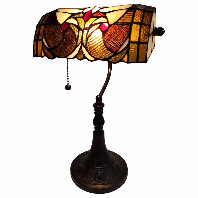 16" Tiffany Style Brown and Orange Banker Desk Lamp - Minihomy