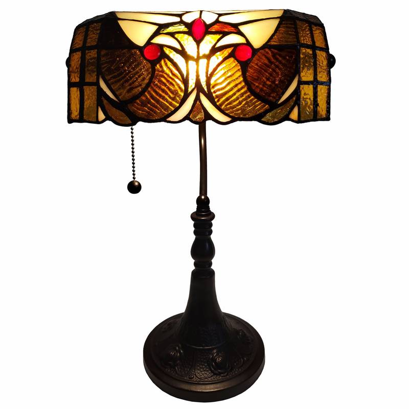 16" Tiffany Style Brown and Orange Banker Desk Lamp - Minihomy