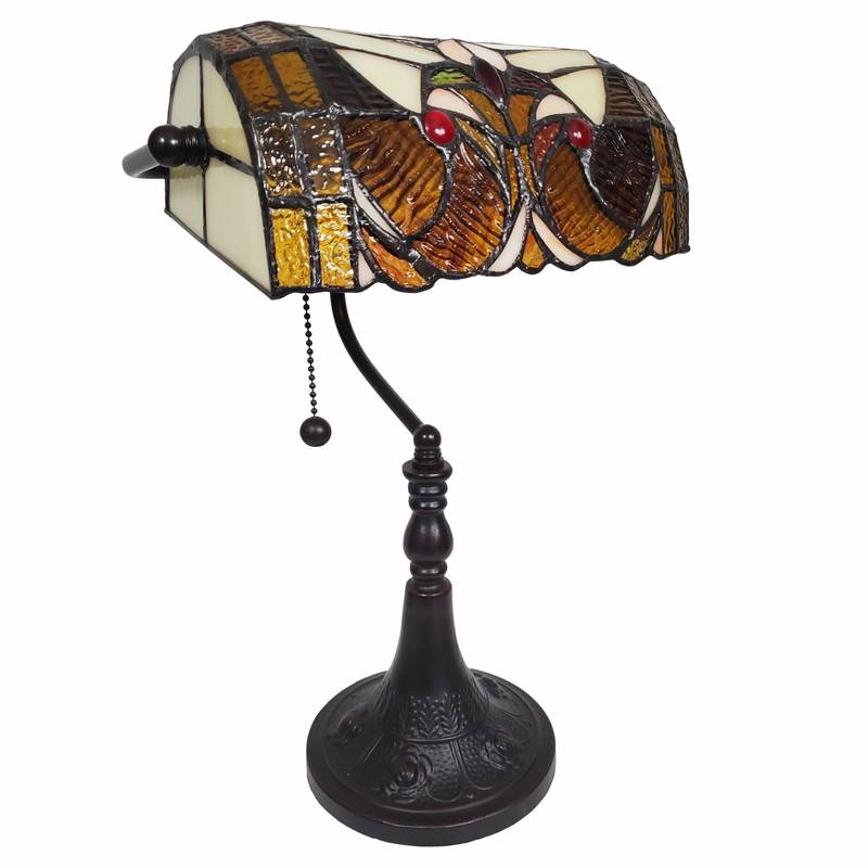 16" Tiffany Style Brown and Orange Banker Desk Lamp - Minihomy