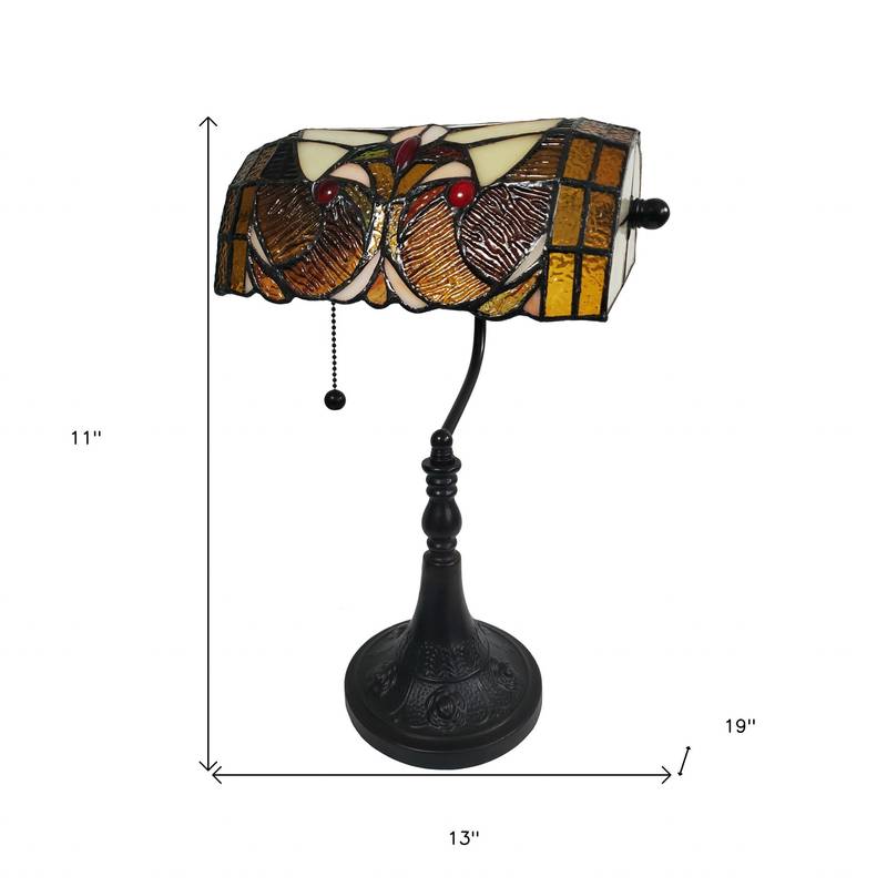 16" Tiffany Style Brown and Orange Banker Desk Lamp - Minihomy
