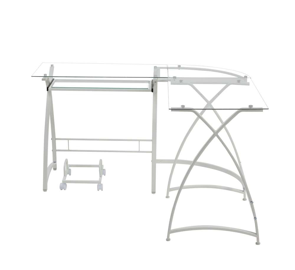 51" Clear Glass And White Metal L Shape Computer Desk - Minihomy