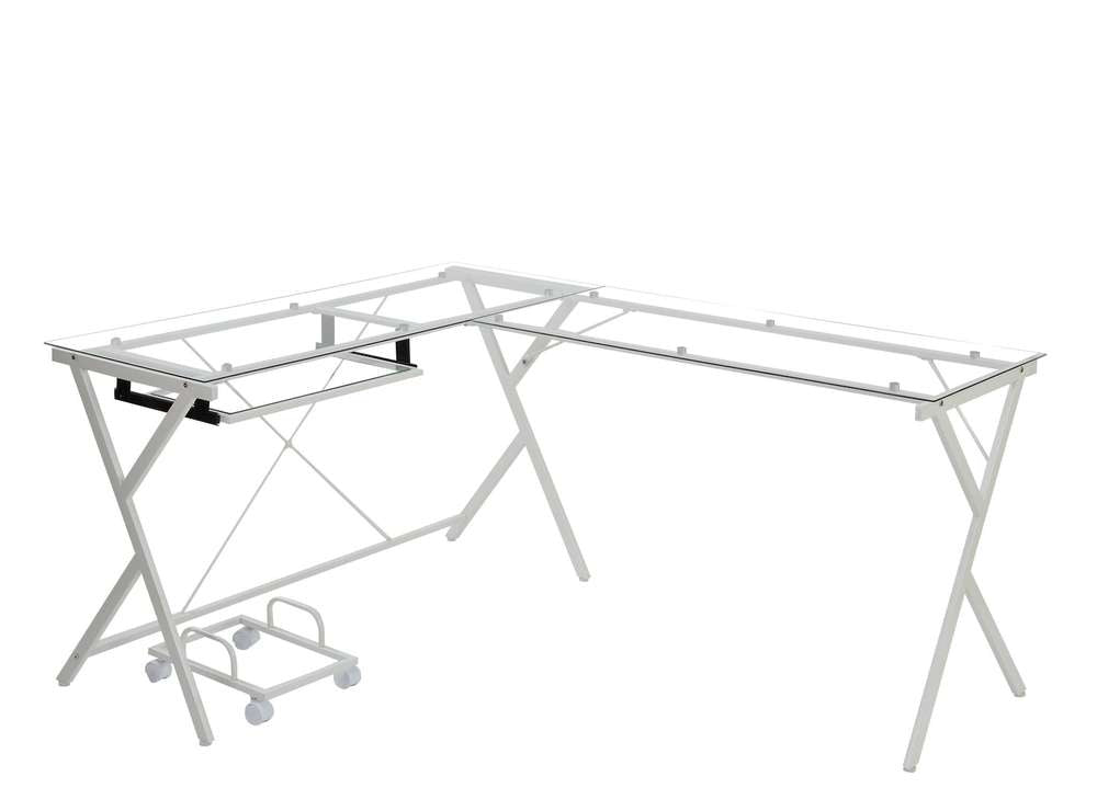 62" Clear Glass And White Metal L Shape Computer Desk - Minihomy