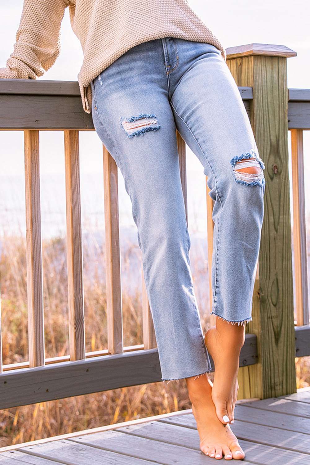 Distressed Raw Hem Straight Jeans - Minihomy