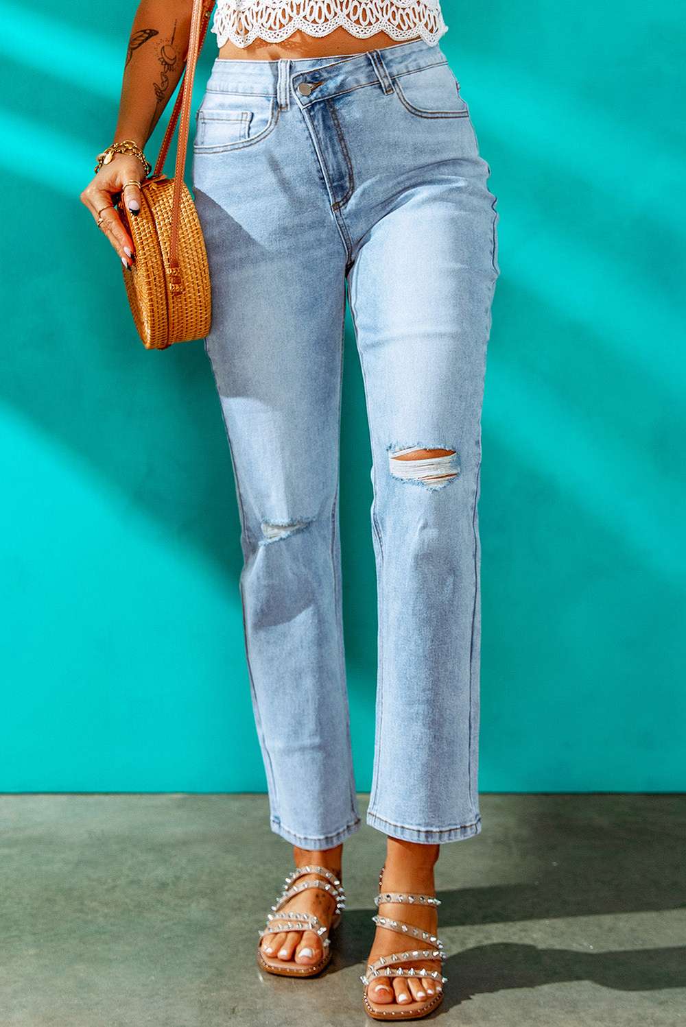 High Waist Distressed Straight Leg Jeans - Minihomy