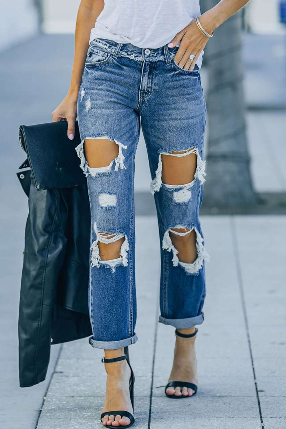 Distressed Frayed Trim Straight Leg Jeans - Minihomy