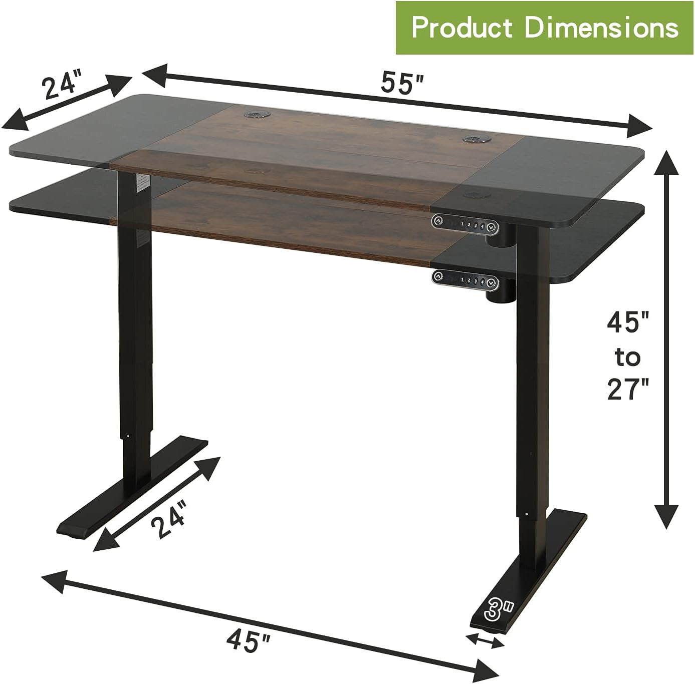 55" Adjustable Brown And Black And Black Standing Desk - Minihomy