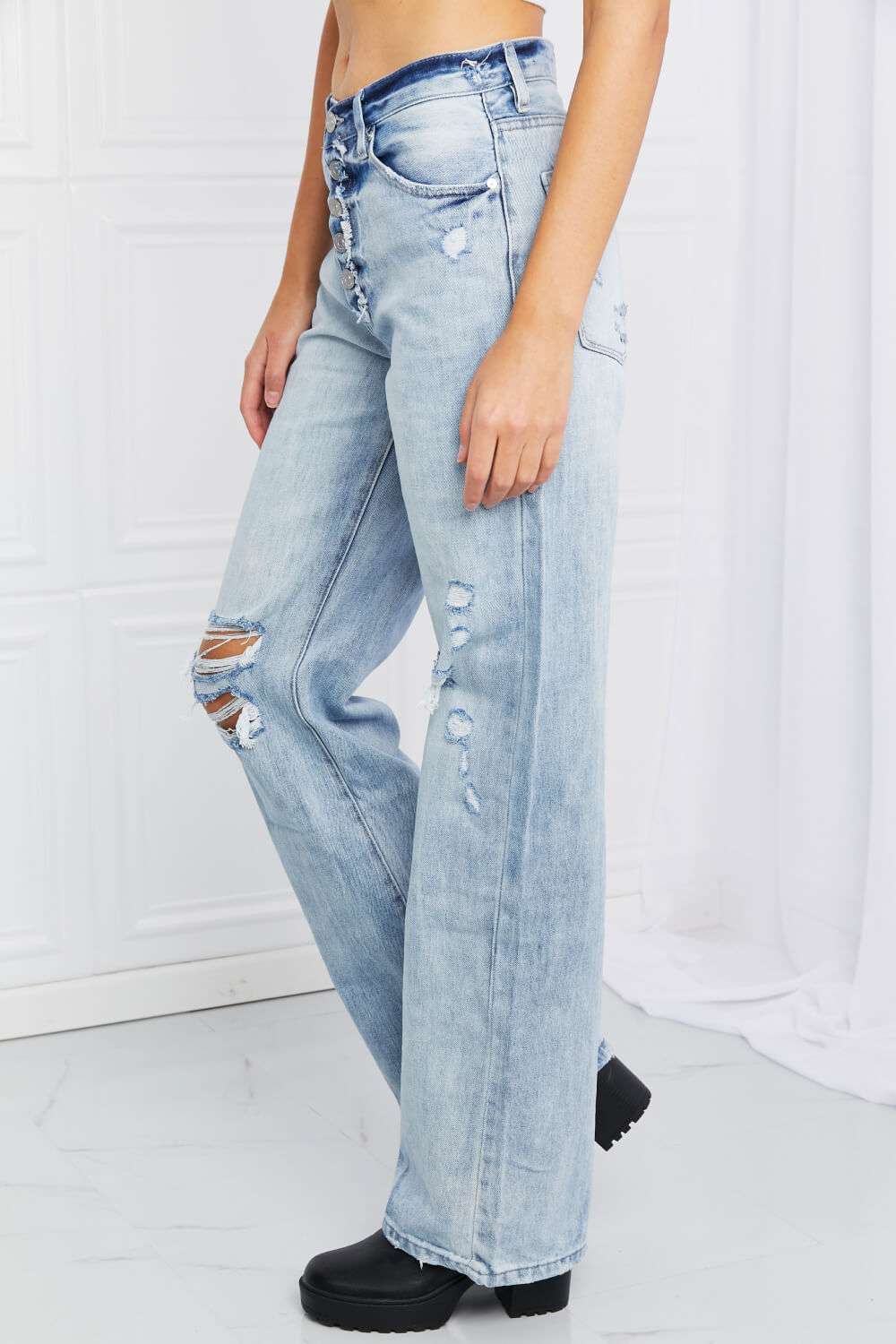Kancan Button Fly Distressed Raw Hem Straight leg Jeans - Minihomy