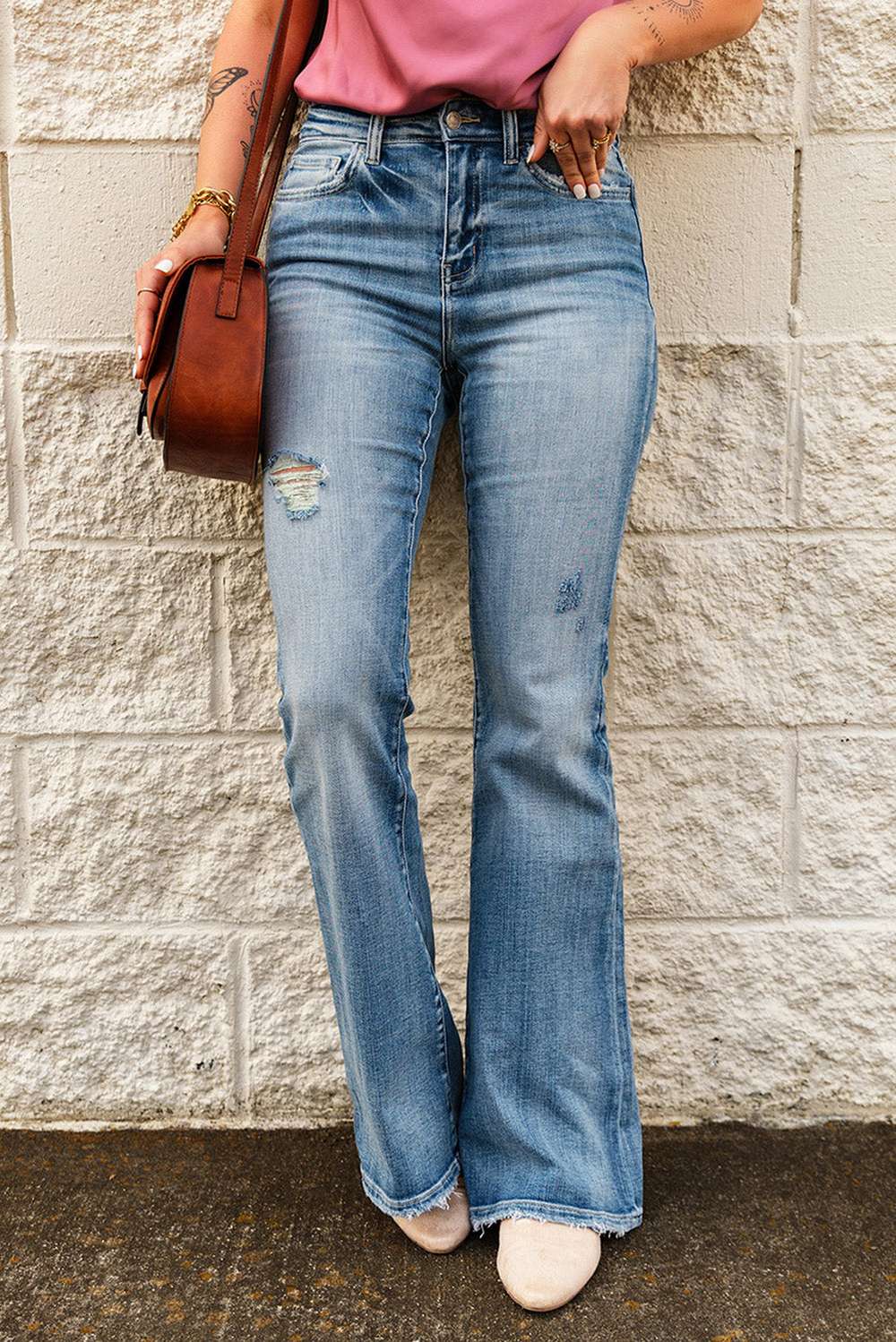High-Rise Waist Distressed Flare Jeans - Minihomy