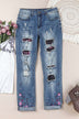 Floral Graphic Patchwork Distressed Jeans with Pockets - Minihomy