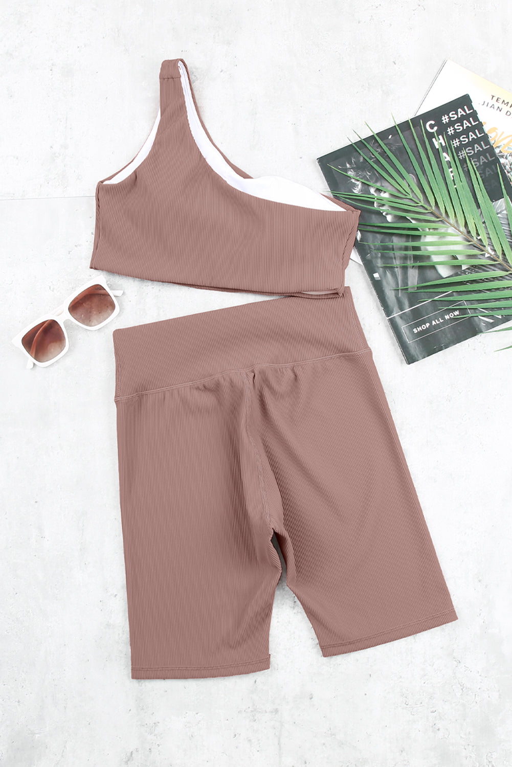 One-shoulder Sports Bra and Biker Shorts Set - Minihomy