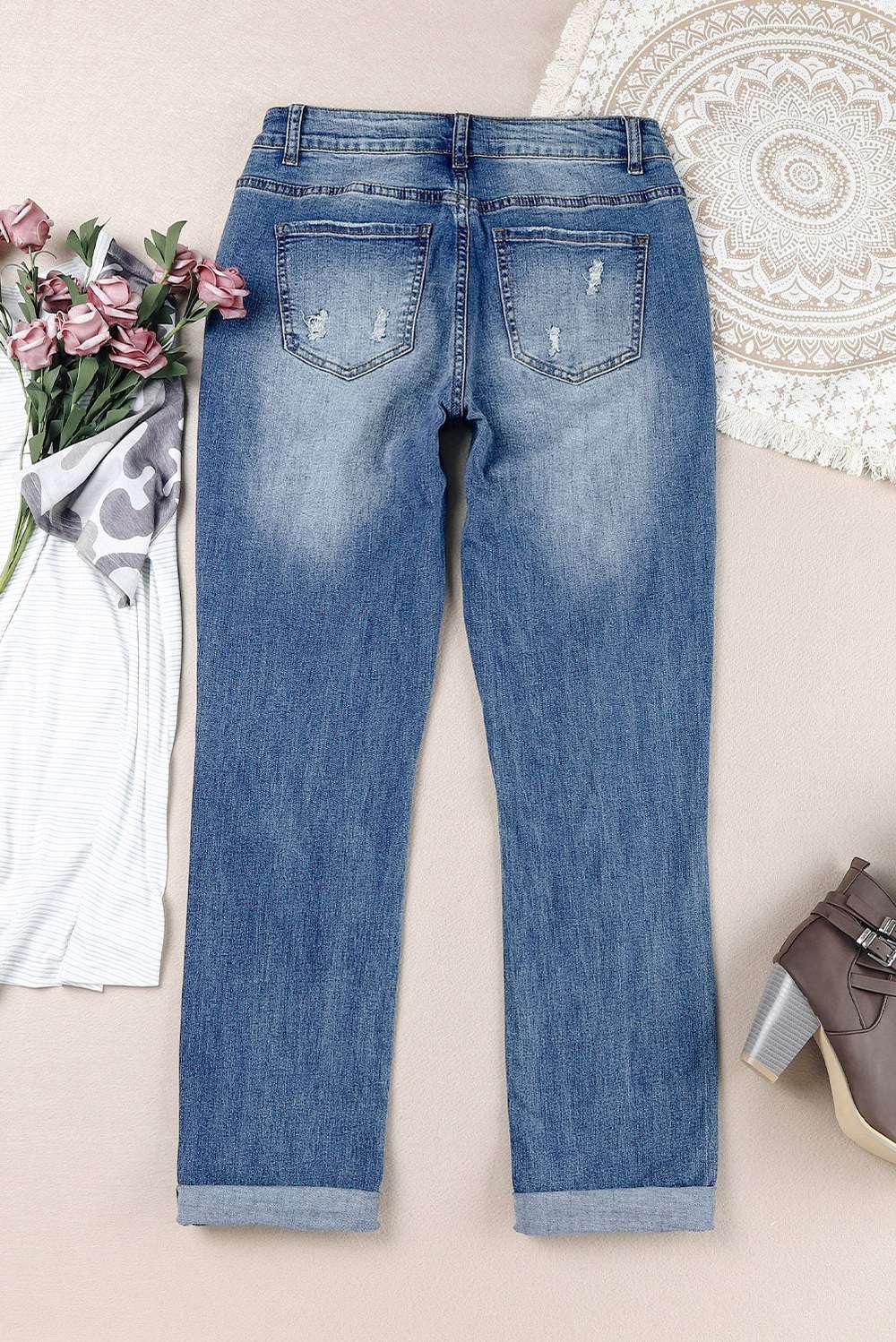 Floral Graphic Patchwork Distressed Jeans - Minihomy
