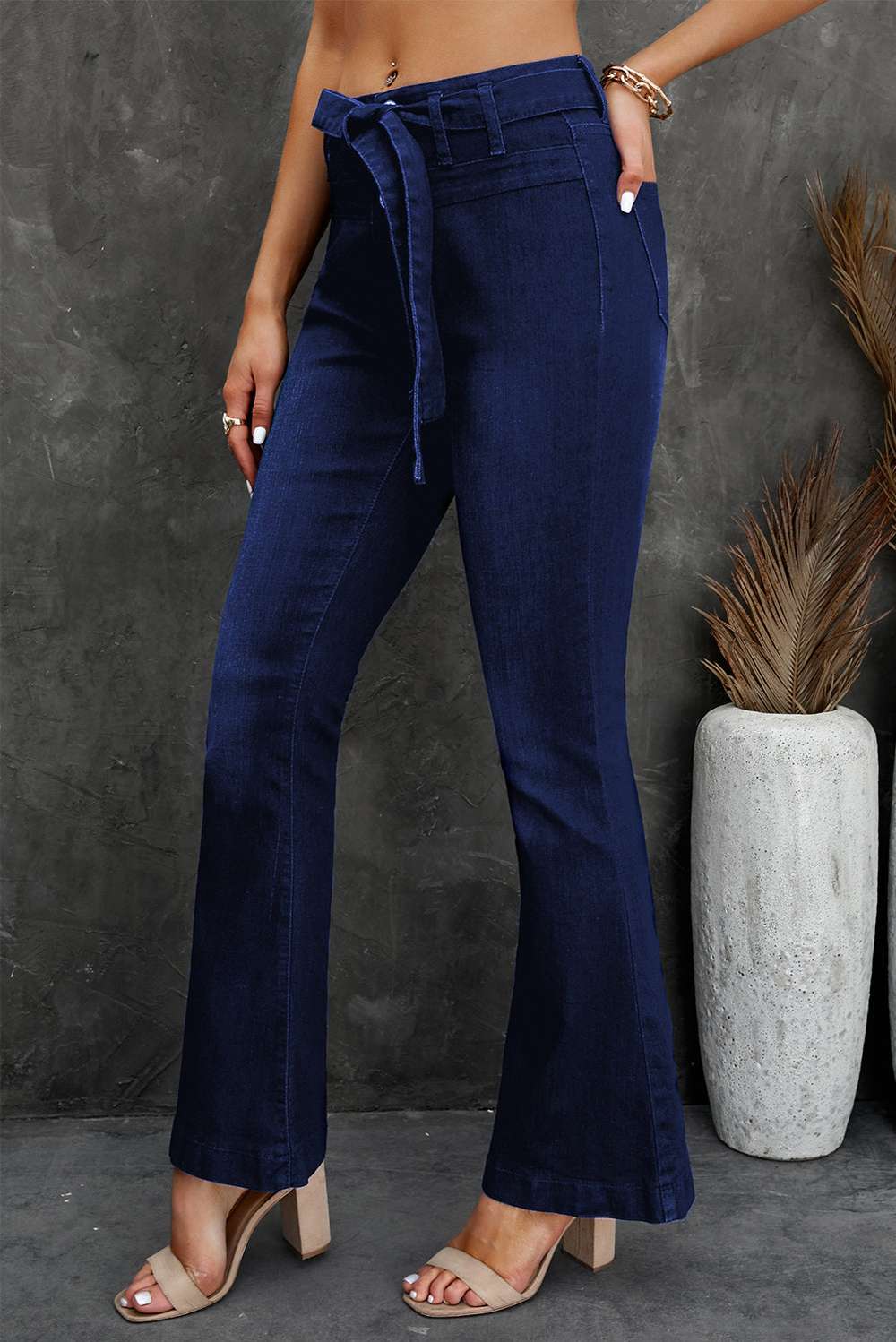 Belted Bell Bottom Jeans - Minihomy