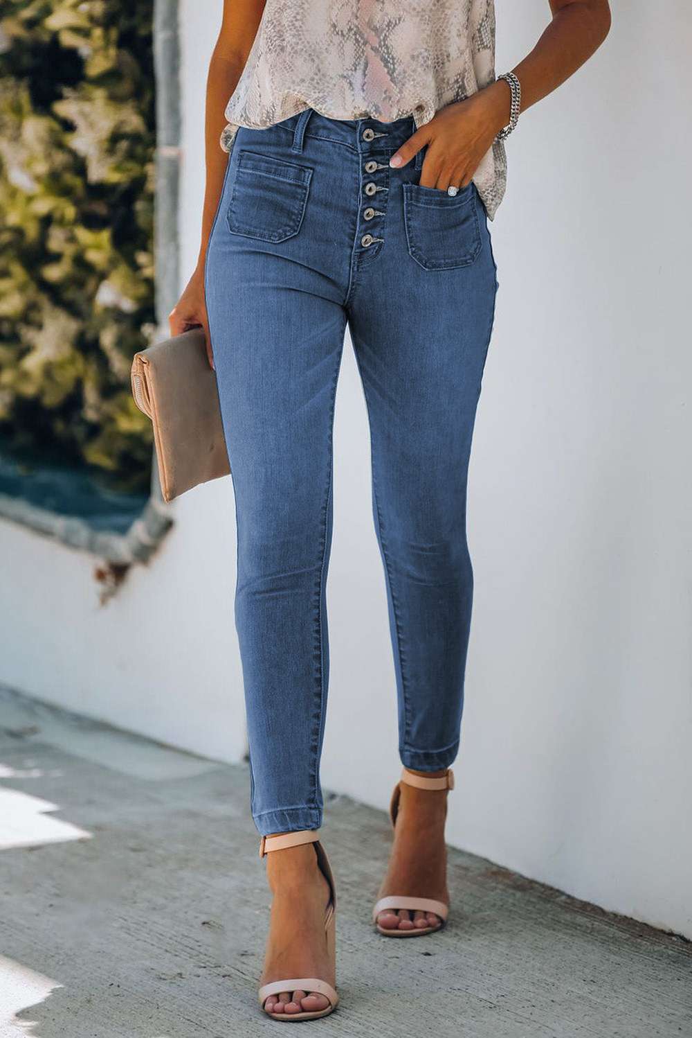 Button Fly Skinny Jeans with Pockets - Minihomy
