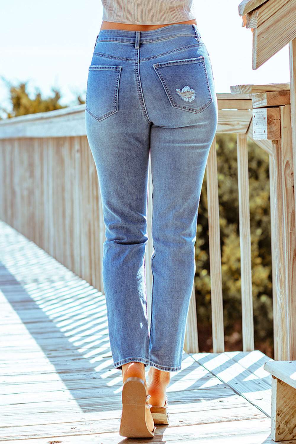 Distressed Ankle-Length Straight Leg Jeans - Minihomy