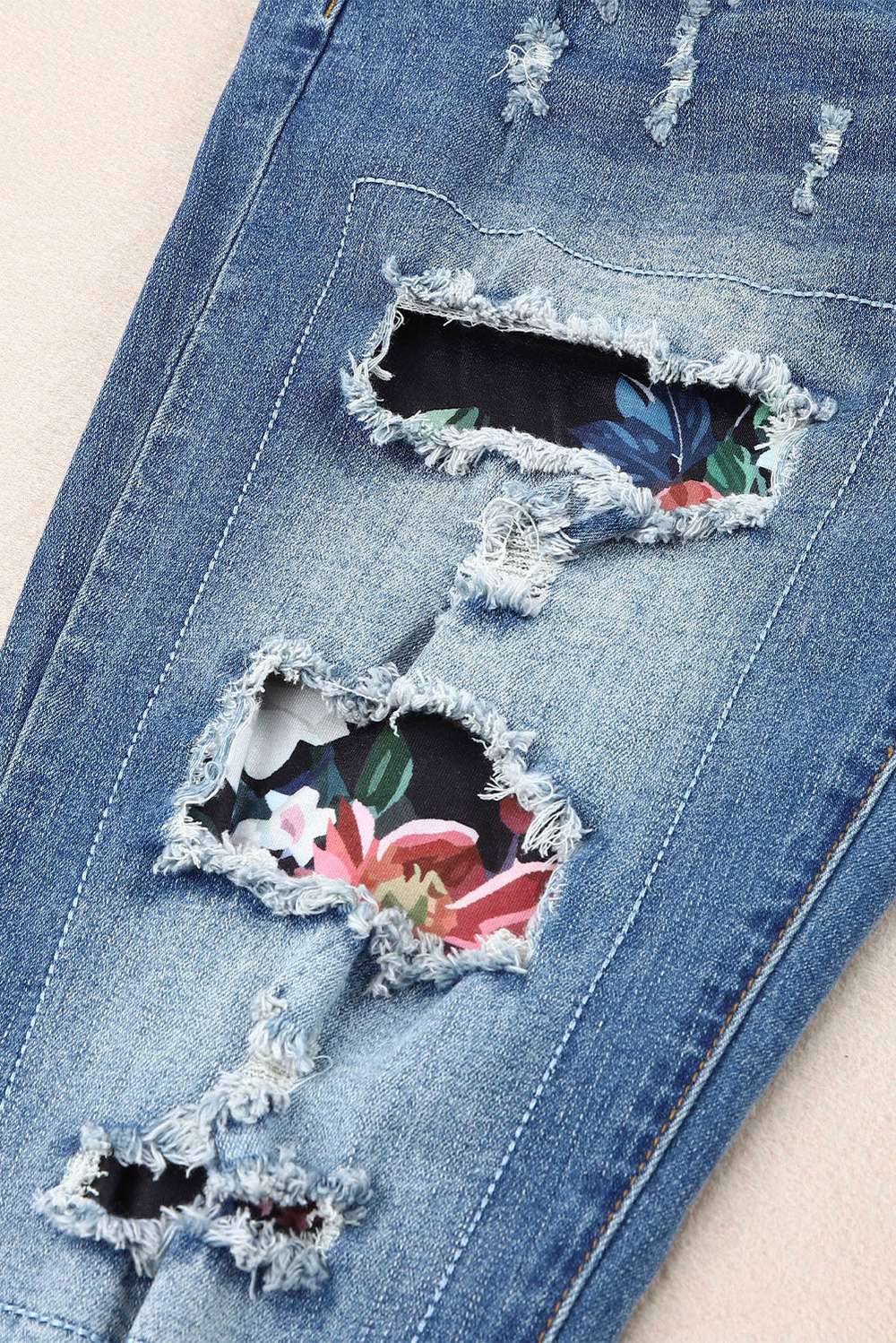 Floral Graphic Patchwork Distressed Jeans - Minihomy