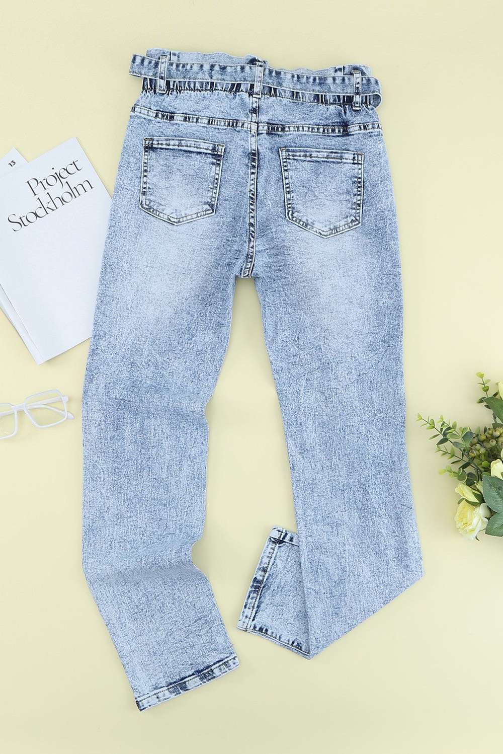 Acid Wash Belted Button Fly Distressed Jeans - Minihomy