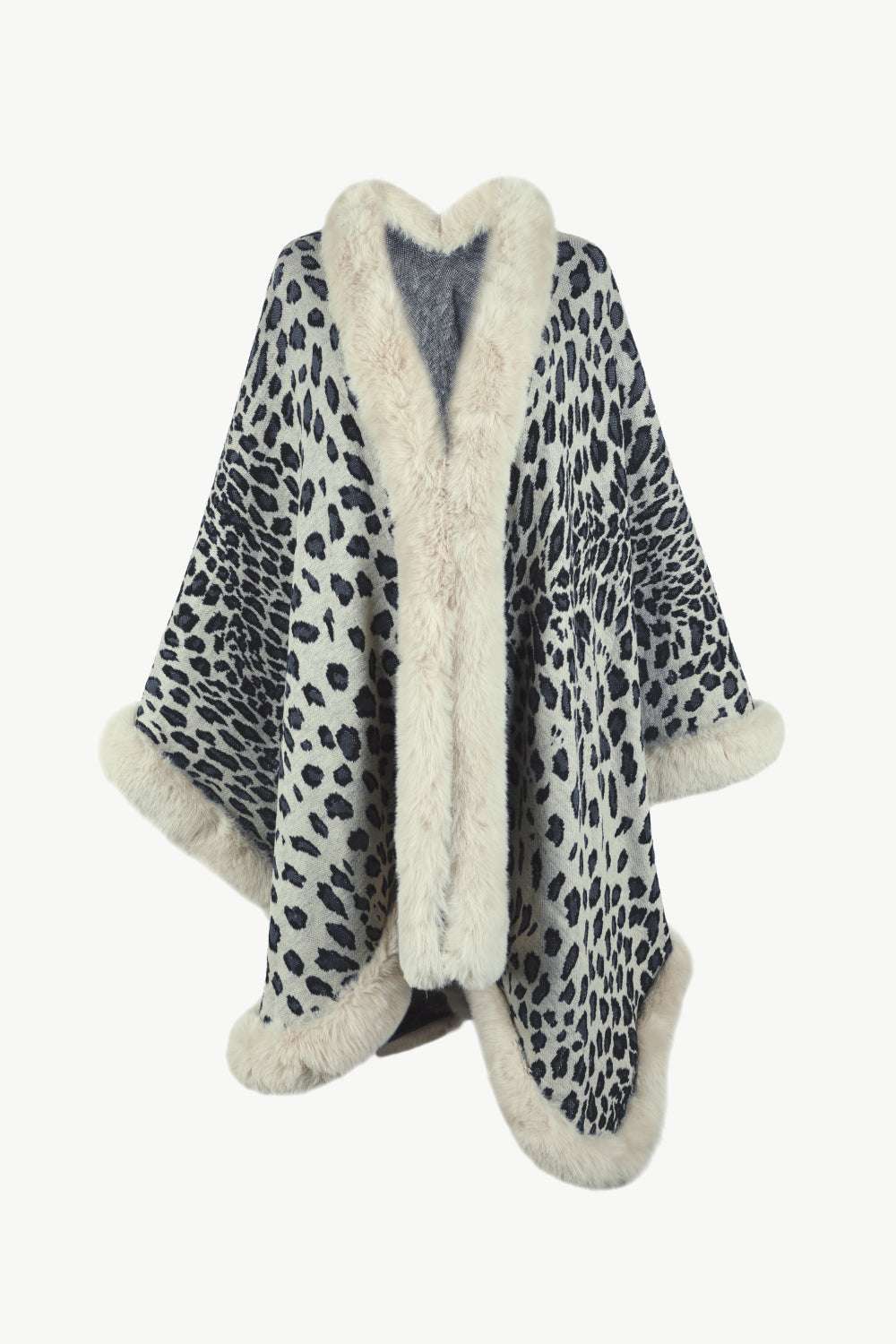 Animal Print Faux Fur Trim Poncho Jacket - Minihomy
