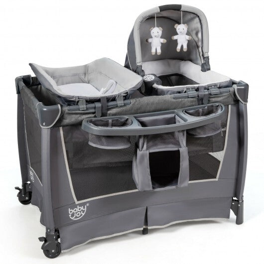 4-in-1 Convertible Portable Baby Play Yard with Toys and Music Player-Gray - Color: Gray - Minihomy