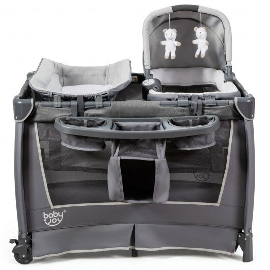 4-in-1 Convertible Portable Baby Play Yard with Toys and Music Player-Gray - Color: Gray - Minihomy