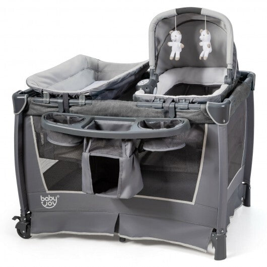4-in-1 Convertible Portable Baby Play Yard with Toys and Music Player-Gray - Color: Gray - Minihomy