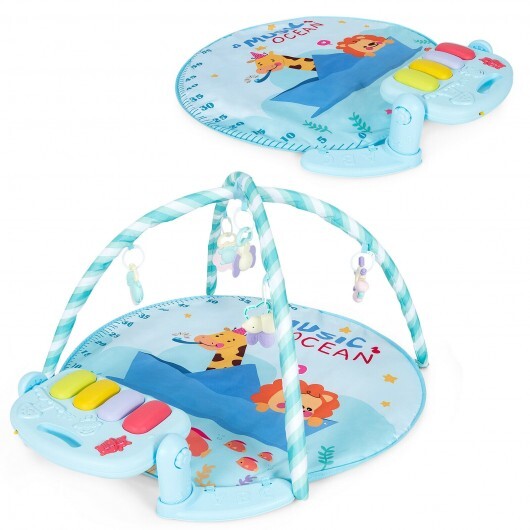 Baby Activity Play Piano Gym Mat with 5 Hanging Sensory Toys-Blue - Color: Blue - Minihomy