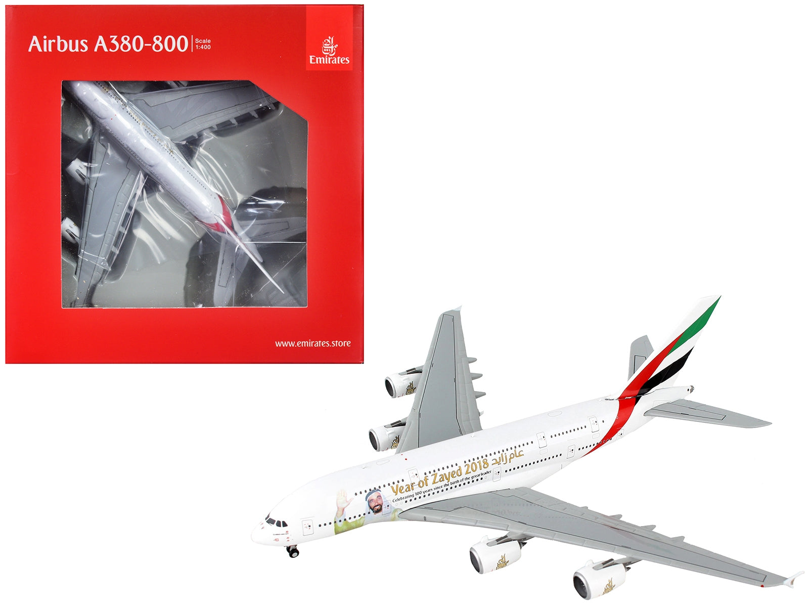 Airbus A380-800 Commercial Aircraft "Emirates Airlines - Year of Zayed 2018" White with Graphics 1/400 Diecast Model Airplane by GeminiJets - Minihomy