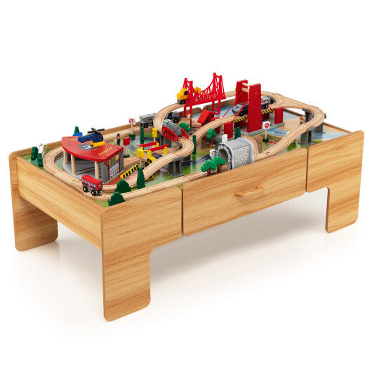 Kids Double-Sided Wooden Train Table Playset with Storage Drawer - Minihomy