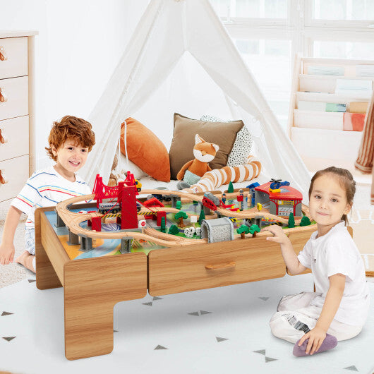 Kids Double-Sided Wooden Train Table Playset with Storage Drawer - Minihomy