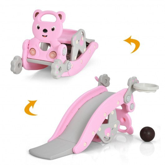 4-in-1 Toddler Slide and Rocking Horse Playset with Basketball Hoop-Pink - Color: Pink - Minihomy