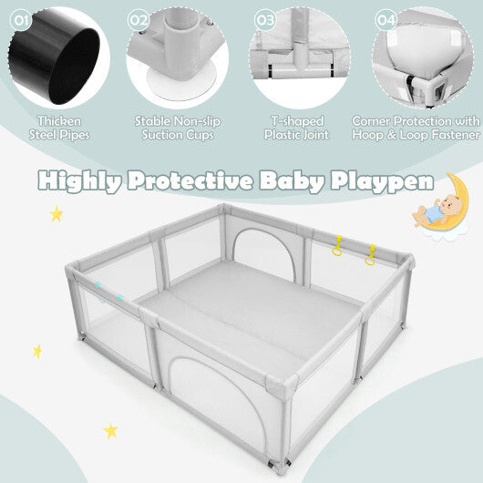 Large Infant Baby Playpen Safety Play Center Yard with 50 Ocean Balls-Gray - Color: Gray - Minihomy