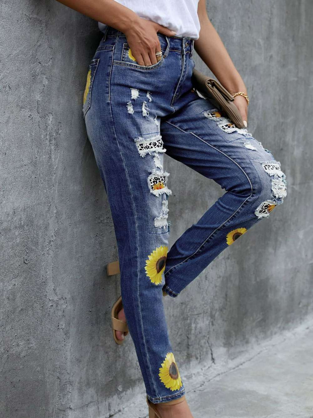 Leopard Patchwork Sunflower Print Distressed High Waist Jeans - Minihomy