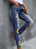 Leopard Patchwork Sunflower Print Distressed High Waist Jeans - Minihomy