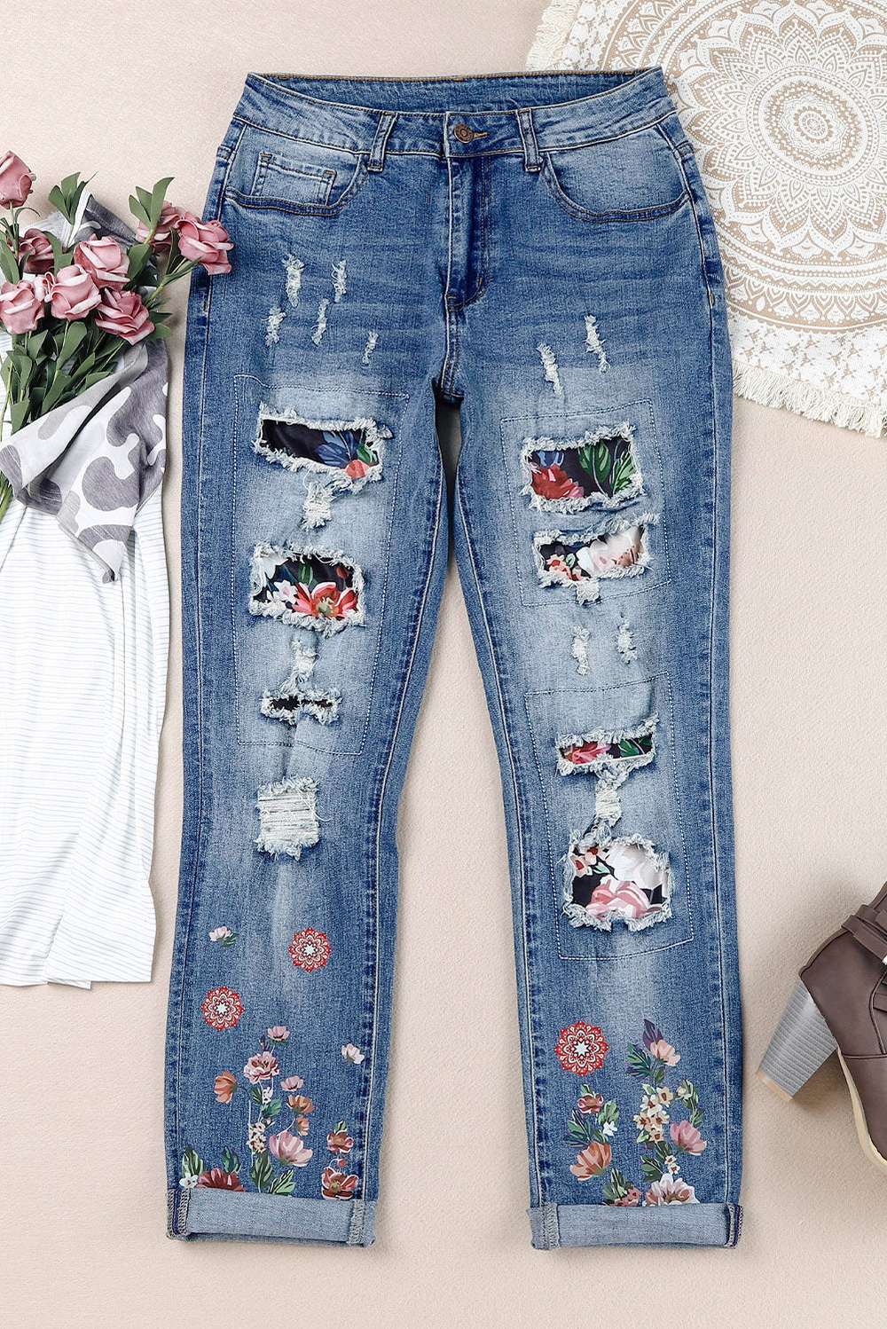 Floral Graphic Patchwork Distressed Jeans - Minihomy