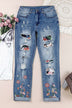 Floral Graphic Patchwork Distressed Jeans - Minihomy